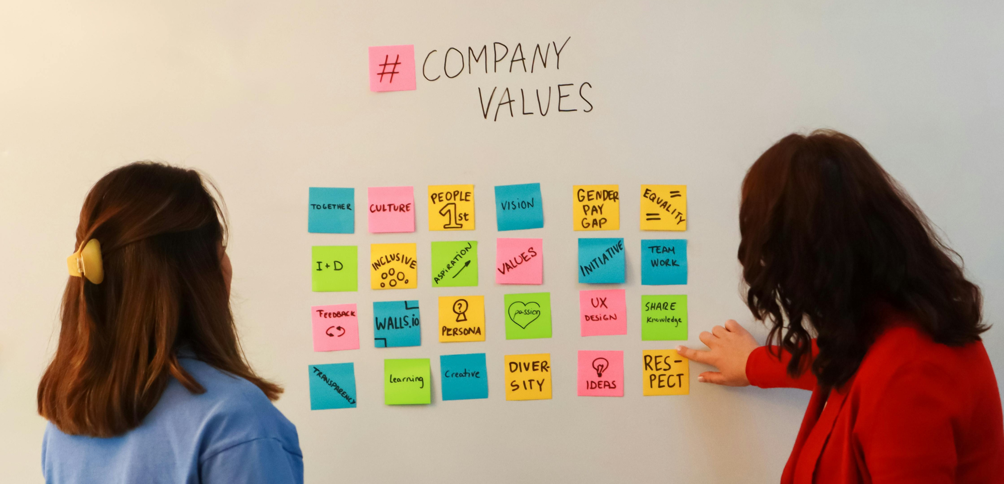 un tableau avec des post-it correspondant aux valeurs et engagement que Co-opt vous aide à communiquer